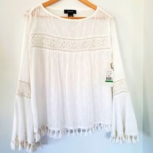 NWT KAREN KANE L White Embroidered Tassel Top Cotton Bell Sleeve Boho Coastal